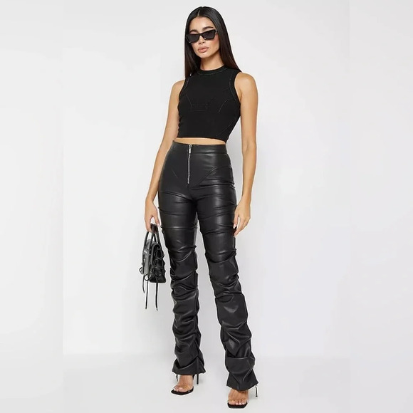 MANIERE DE VOIR - Tacked Vegan Leather Flared Trousers in Black - Picture 2 of 14